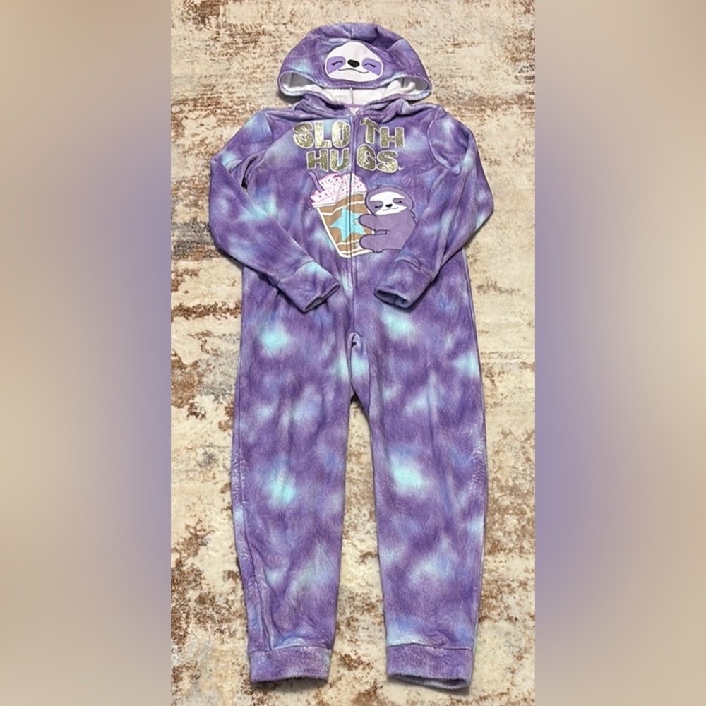Justice Purple/Blue Fuzzy Sloth Onesie/Pajama Girls size 12